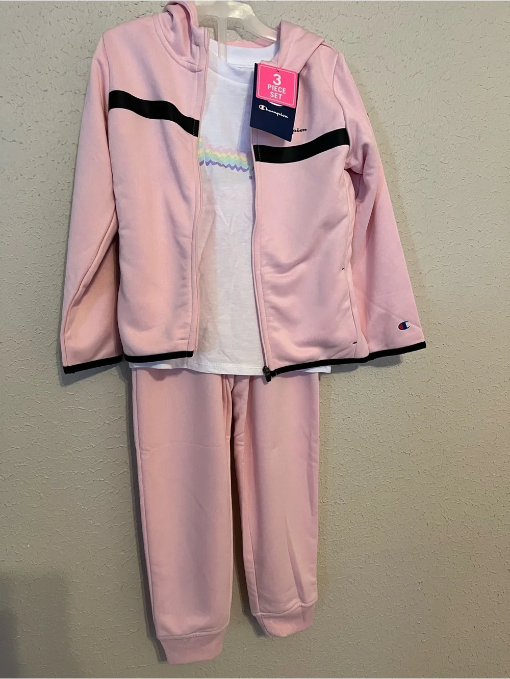 Champion Light Pink Girls' 3-Piece Hoodie & Jogger Set with White Tee